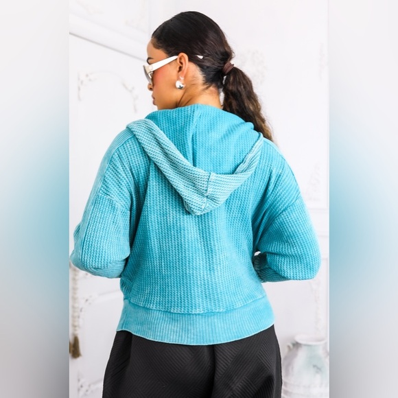 Teal Waffle Knit Zip-Up Hoodie - Picture 5 of 5